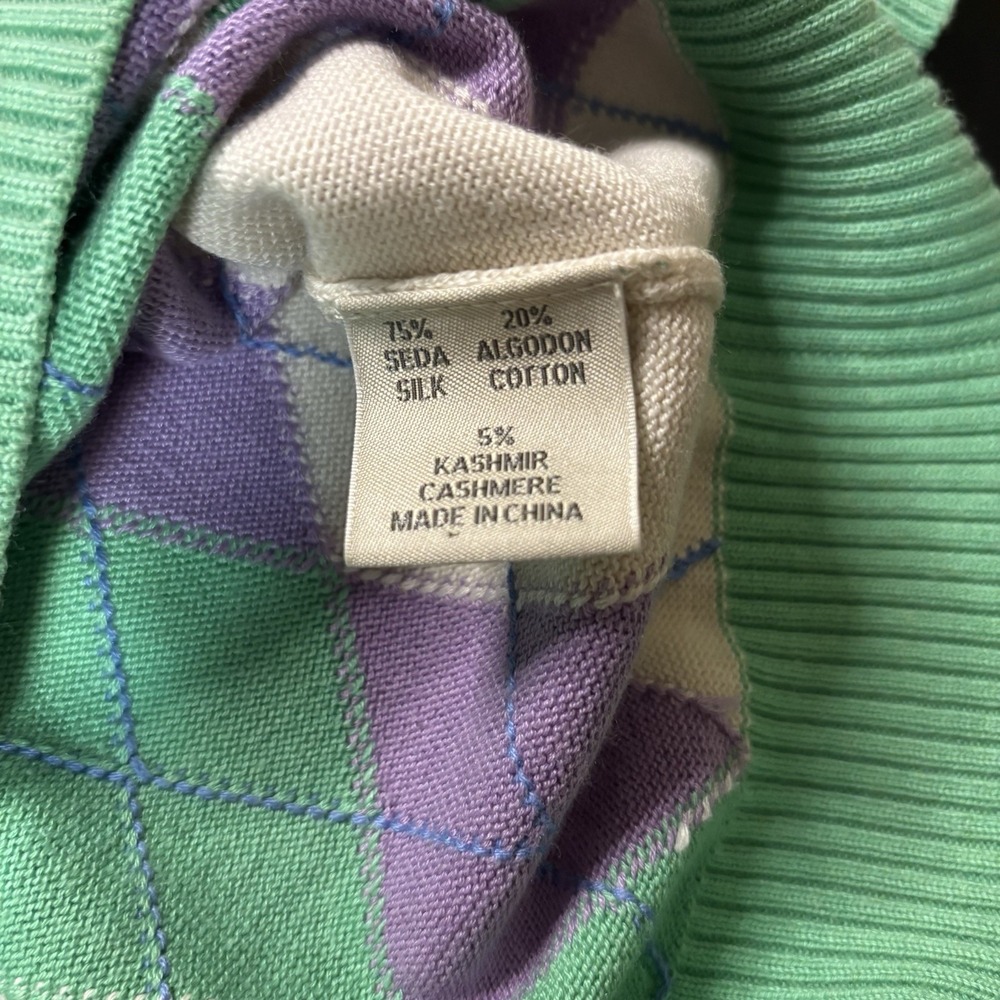 Womens Peter Millar Argyle Sweater 3/4 Sleeve Silk Cotton Cashmere Sz M Golf - Picture 3 of 9
